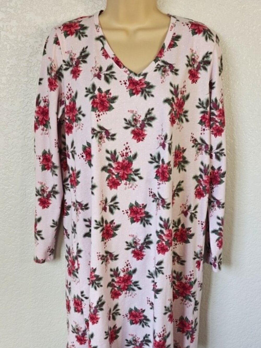 Charter Club Sz L Sleepshirt Cotton Blend Poinsettia Long Sleeve V-neck